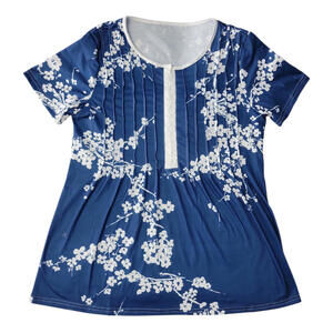 Women's XXL Floral Blue/White Buttons Short Sleeve Shirt FREE SHIPPING
